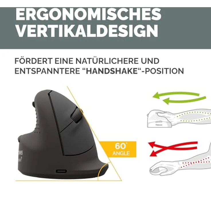 Fellowes Breyta Plus+ Ergonomische Maus, Kabelgebunden und Kabellos, Schwarz, für Rechtshänder*innen mit ergonomischer Handform – Bild 3