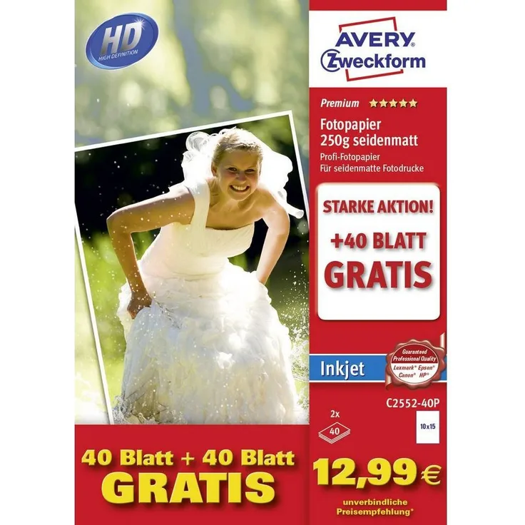 Avery Zweckform Fotopapier Inkjet Fotopapier Aktions-Pack 10x15, 250 g/m², Seidenmatt - Premium Fotopapier für High Definition Drucke bis 9.660 dpi