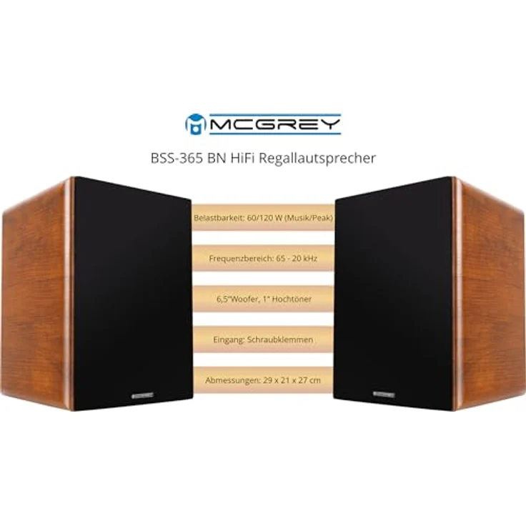 McGrey BSS-365 BN 6,5" HiFi Regallautsprecher - 1 Paar kompakte HiFi-Boxen - Belastbar bis 60 Watt (RMS) - 2-Wege-System - 6,5" Tieftöner + 1,0" Hochtöner - Braune Holz-Optik – Bild 3