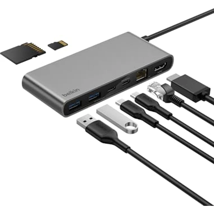 Belkin Connect 8-in-1 USB C Hub, 4K bei 60 Hz, 100 W PD, 10 Gbit/s Datentransfer, 2,5-Gbit/s Ethernet – Grau – Bild 1