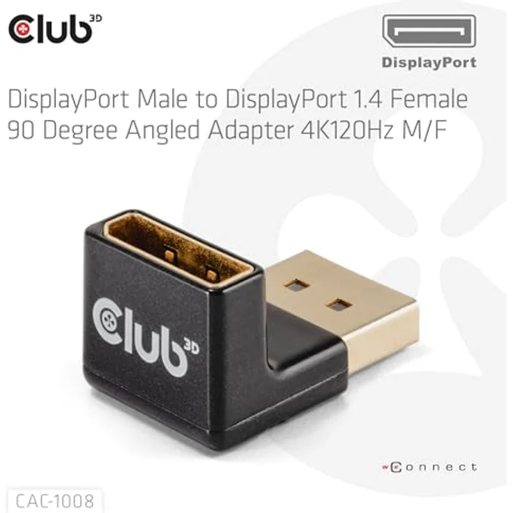 Club3D CAC-1008 DisplayPort Adapter, 90 Grad abgewinkelt, 4K120Hz M/F, Schwarz – Bild 2