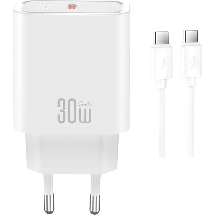 XO Wandladegerät CE41, 30W PD Schnellladegerät mit GaN-Technologie, 1x USB-C, weiß, inkl. USB-C auf USB-C Kabel