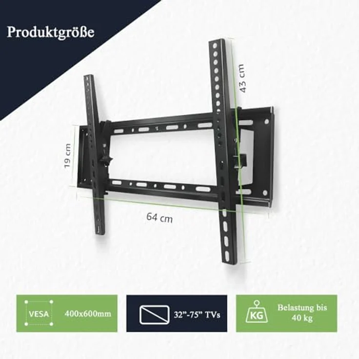 MK-Digital TV-Wandhalterung für 32-75 Zoll (81-189cm) Bildschirme bis zu 40kg Max VESA 600x400mm, Neigbar, Universal TV Halterung für Flach und Curved Fernsehen, Schwarz – Bild 2