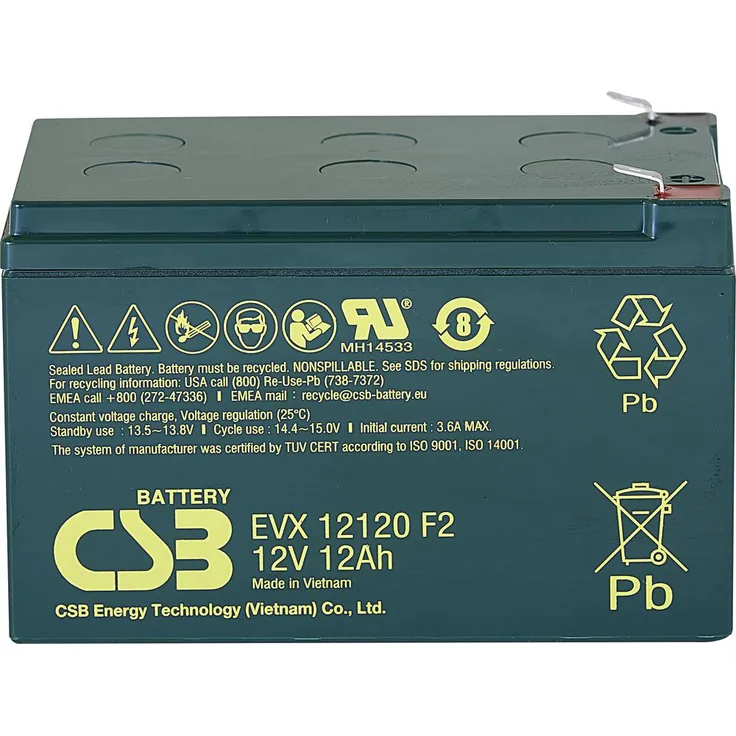 CSB Battery EVX 12120 Bleiakku 12V 12Ah AGM, zyklenfest, Flachstecker 6.35mm, Maße (B x H x T) 151 x 100 x 98mm