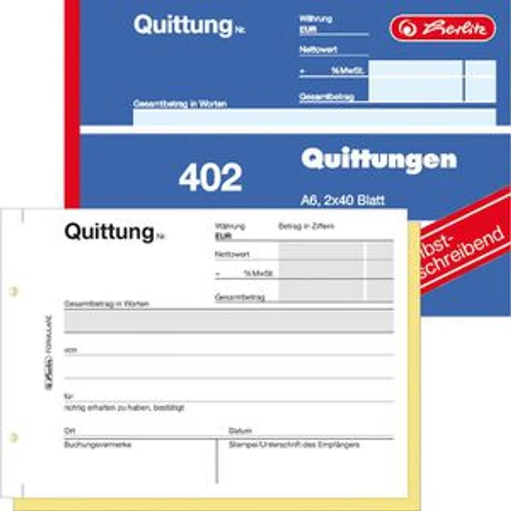 Herlitz Quittungsblock 402 A6 quer 2 x 40 Blatt selbstdurchschreibend 7876147 – Bild 1