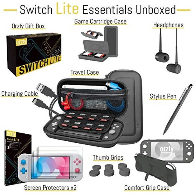 Orzly Switch Lite Accesoires, Zubehör für Nintendo Switch Lite (2019) Panzerglas Schutzfolien, USB Ladekabel, Konsole Tragetasche, Spiele Patronenhülse, Comfort Grip Case, Kopfhörer - Grau - Preisvergleich – Bild 3