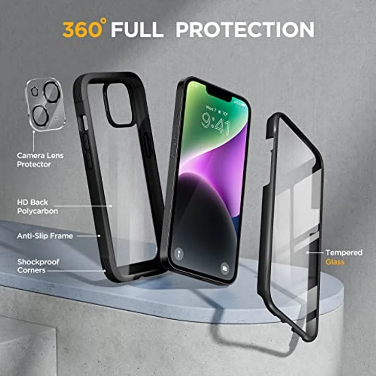 Miracase 360 Grad Hülle für iPhone 13/14 (6.1 Zoll), Ganzkörper Schutzhülle mit 9H-Glas Displayschutz, stoßfest und kratzsicher, Schwarz – Bild 3