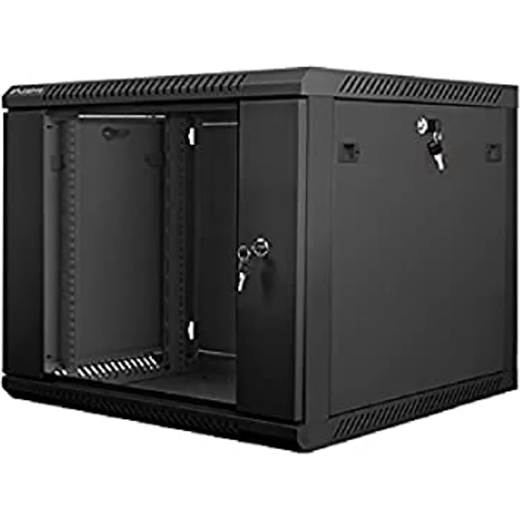 Lanberg WF01-6609-10B Rack 9U Wandmontiertes Regal Schwarz, Serverschrank aus Stahl und gehärtetem Glas, 60 kg Tragfähigkeit, IP20