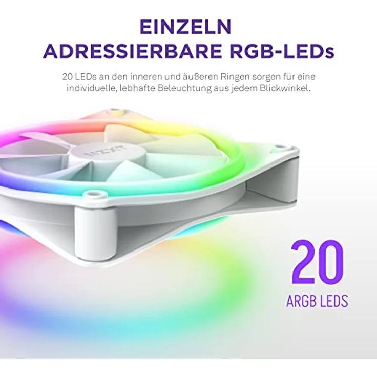 NZXT F120 RGB Duo - 120mm doppelseitiger RGB-Lüfter – 20 einzeln adressierbare LEDs – ausgeglichener Airflow und statischer Druck – Fluiddynamisches Lager – PWM-Steuerung – Weiß – Bild 3