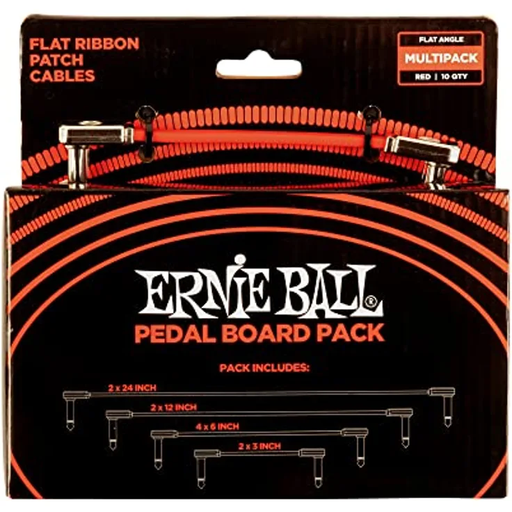 Ernie Ball Flachband-Patchkabel Pedalboard, Multi-Pack, Rot mit Metall-Flachstecker und integrierter Zugentlastung
