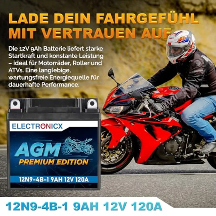 Electronicx AGM-12N9-4B-1, AGM Motorradbatterie 9Ah 12V, wartungsfrei, rüttelfest, auslaufsicher für Motorrad, Roller und Quad – Bild 2