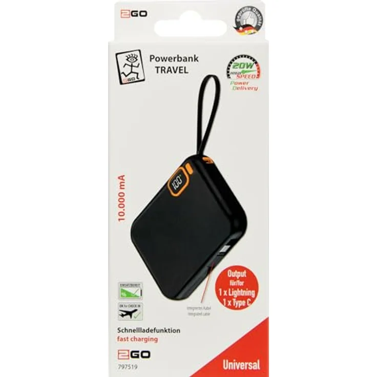 2GO Powerbank Travel 10000mA - FastCharge & PD kompatibel - Type C & Lightning, schwarz – Bild 2