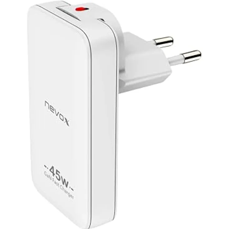 Nevox USB C PD / PPS + QC3.0 GaN Dual Slim Ladegerät, 45 W, weiss, kompakt mit EU/US Stecker, Überladungsschutz