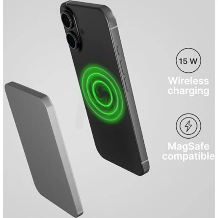 Qualo Power Bank 5000mAh, 20W, Kabellos, Mini, Induktives Schnellladen, kompatibel mit iPhone und Samsung, Grau, Kompakt – Bild 4