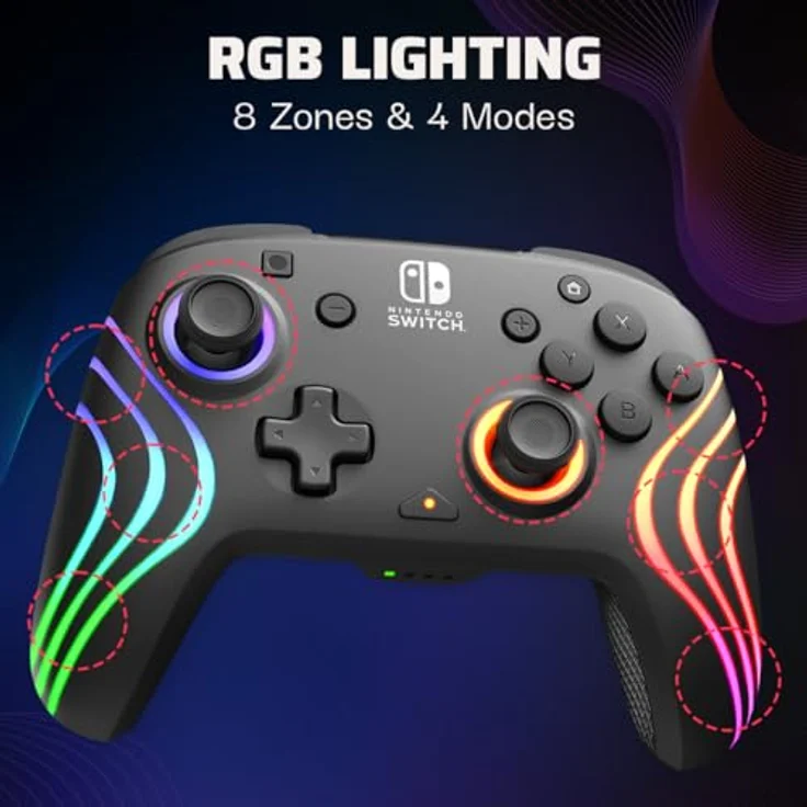 PDP Nintendo Switch Afterglow Wave Wireless Gamepad, Schwarz mit Acht RGB-Zonen und 40 Stunden Batterielaufzeit – Bild 2