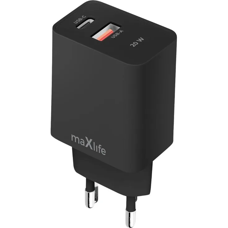 Maxlife MXTC-13-20AC, 20W PD QC Ladegerät mit 1x USB-C und 1x USB-A, schwarz