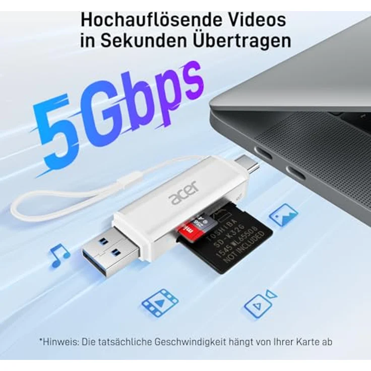Acer SD Kartenleser, Dual USB 3.0 USB C Stecker, Aluminium OTG Adapter für SD/Micro SD/TF, kompatibel mit iPhone 15-16/Android/Windows/macOS, Silber – Bild 2
