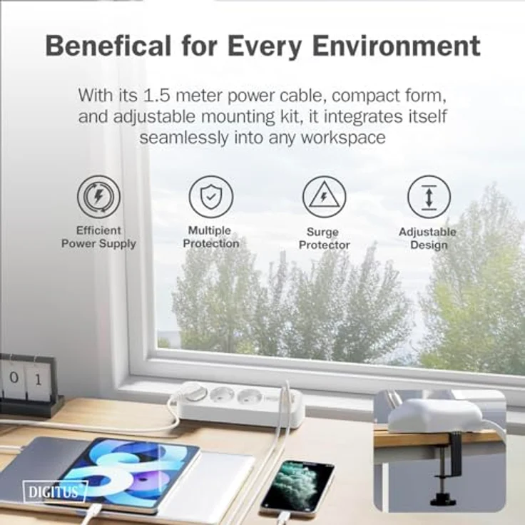 Digitus DA-70626 Tischsteckdose Weiß, 3 Schutzkontakt-Steckdosen mit 3 USB-Ladeanschlüssen und 1,5m Netzzuleitung – Bild 4