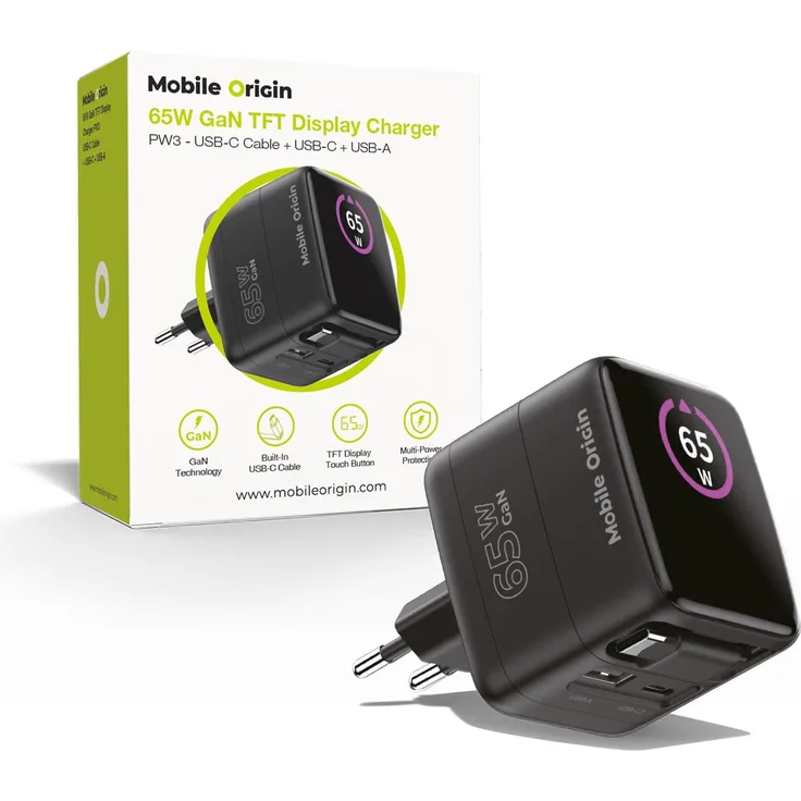 Mobile Origin PW3 GaN 65W, Ladegerät mit TFT-Display, 1x USB-C und 1x USB-A, schwarz