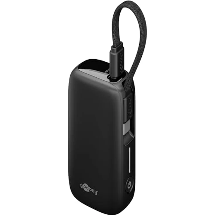 goobay Powerbank 5.000 mAh mit integriertem USB-C Kabel, Quick Charge/Power Delivery, für Samsung, Xiaomi, Lenovo, Huawei, Apple iPhone/iPad, 13 cm, schwarz – Bild 1