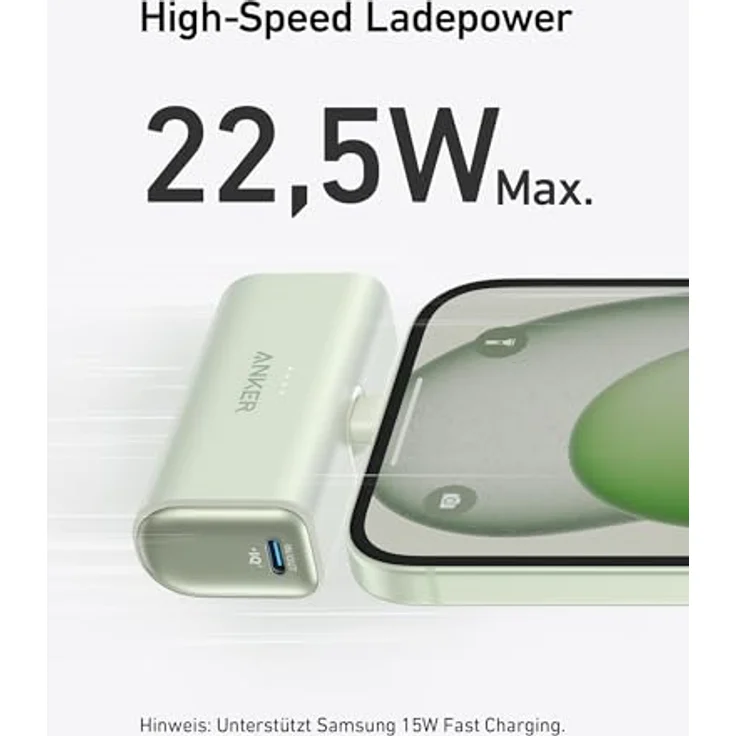 Anker Nano Powerbank 5000mAh, 22,5W mit faltbarem USB-C Stecker, kompatibel mit iPhone 15, Samsung S22/23, Note20/10, Huawei, iPad Pro/Air, Grün – Bild 3