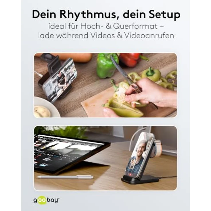 Goobay Kabelloses 3in1-Ladegerät, 15 W, induktive Ladestation für Smartphone, Smartwatch und Earbuds, kompatibel mit Qi und Schnellladung – Bild 6