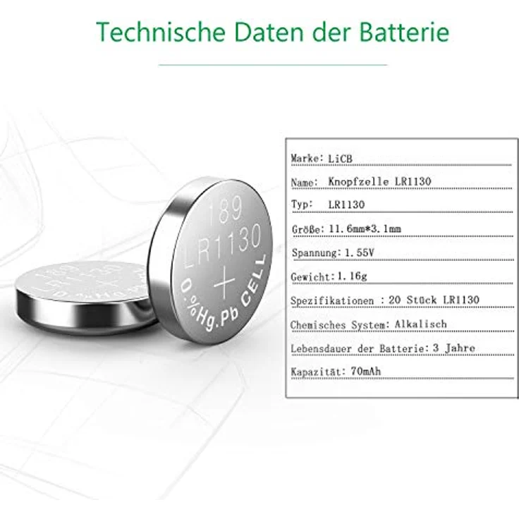 LiCB LR1130 20 Stück Alkaline Knopfzellenbatterien, AG10, 1,5V, hohe Leistungsabgabe, 3 Jahre Lagerfähigkeit, 100% Frischgarantie – Bild 2