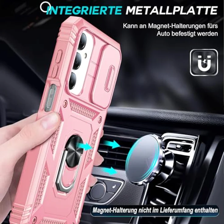 LeYi Militär Hülle für Samsung Galaxy A16 5G, Kamera Schieber Handyhülle mit 2 Displayschutz, kratzfest und stoßabsorbierend, Ringhalterung, Rosa – Bild 4