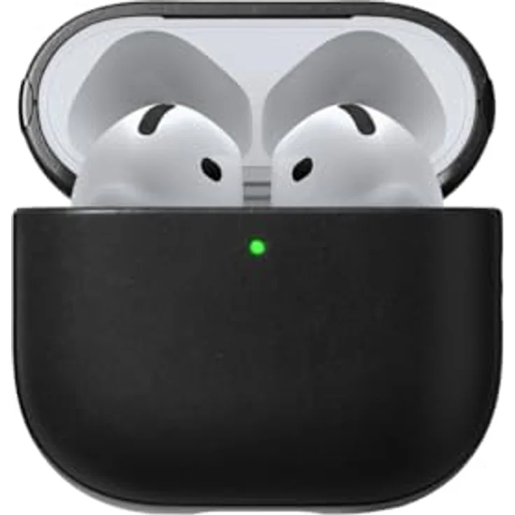 NOMAD Modern Leather Case für Airpods 4, robuste Schutzhülle aus Polycarbonat und Echtleder mit gummierten TPE-Bumper, schwarz
