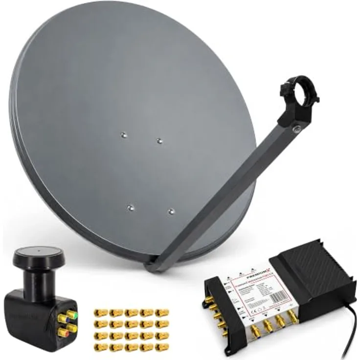 PremiumX SAT Anlage PXS80, 80cm Antenne mit Multiswitch 5/6, Quattro LNB, anthrazit, für Digital, HDTV, 4K Empfang, inklusive 20x F-Stecker