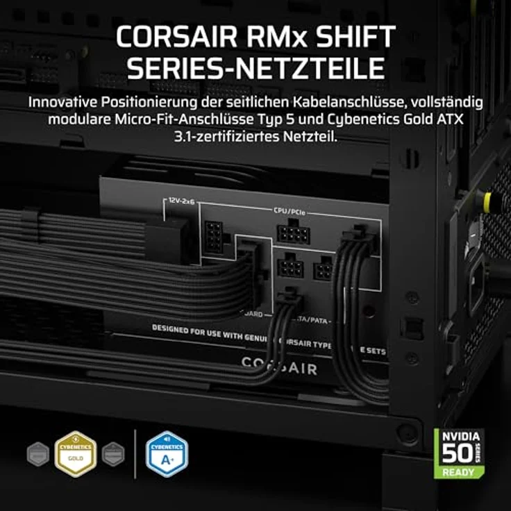 Corsair RM750x Shift (2025) Vollmodulares ATX-Netzteil mit modularer Seitenschnittstelle, 12-V-2x6-Kabel, ATX 3.1 und PCIe 5.1, 140-mm-Lüfter, 105°C-Kondensatoren, Cybenetics Gold – Schwarz – Bild 2