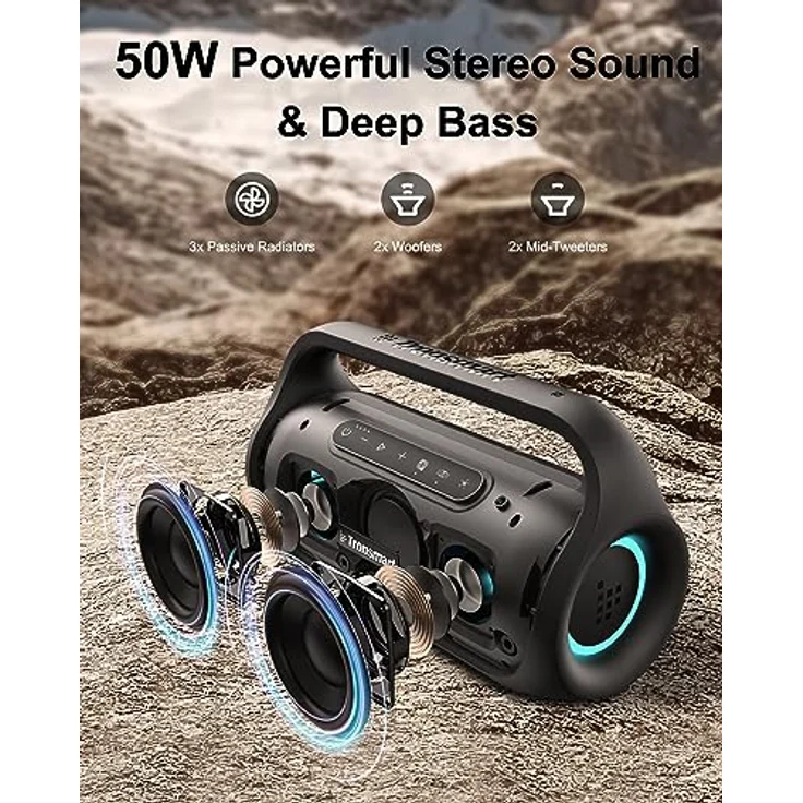 Tronsmart Bluetooth Lautsprecher, Beat-gesteuerte Lichtshow, 50W Stereo Sound, 15h Akku, mit Power Bank, Verbesserter IPX6 Wasserdicht, Outdoor Party Lautsprecher für Garten, draußen, Camping – Bild 2