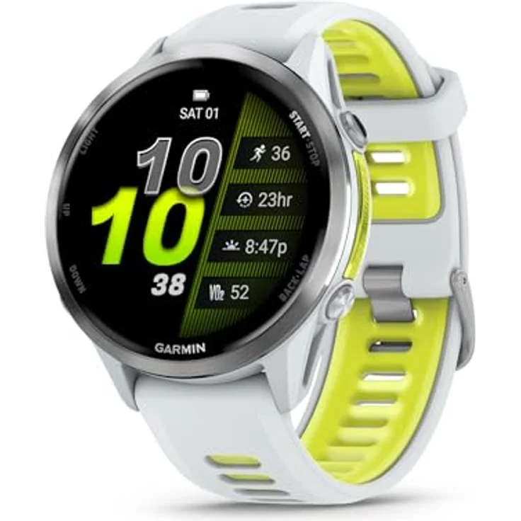 Garmin Forerunner 970, Premium GPS Running und Triathlon Smartwatch mit AMOLED-Display, integrierter LED-Taschenlampe, Titan-Gehäuse und Whitestone/Translucent Amp Yellow Band – Bild 1
