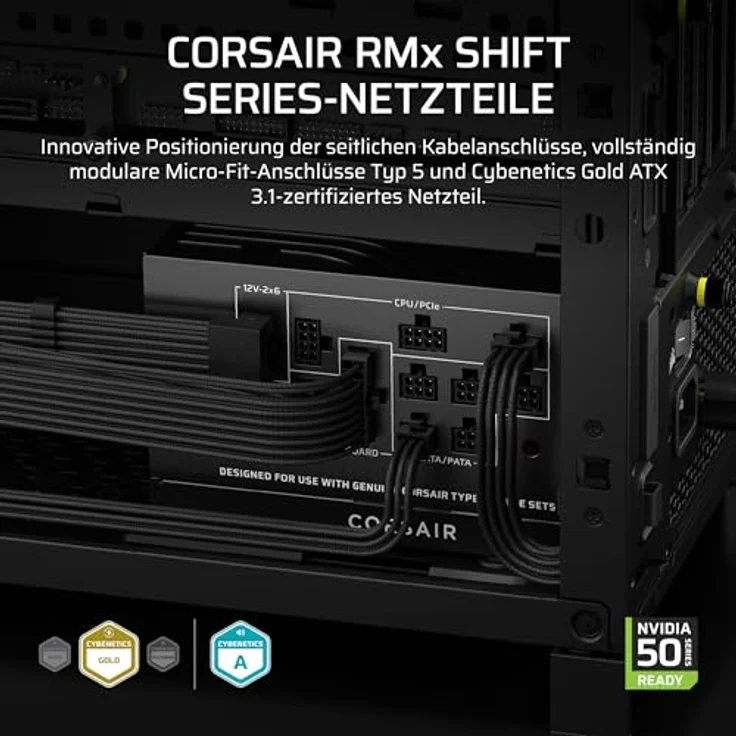 Corsair RM1000x Shift, 1000 Watt ATX 3.1 Netzteil mit 80 Plus Gold Zertifizierung, schwarz, 140 mm, vollständig modular – Bild 2