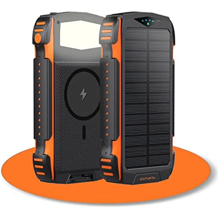 4smarts Powerbank 20000mah [Schwarz Orange] - Solar Powerbank mit Schnellladefunktion für mehrere Geräte gleichzeitig - Wireless Powerbank mit MagSafe & LED Lampe als Travel Essentials - Power Bank