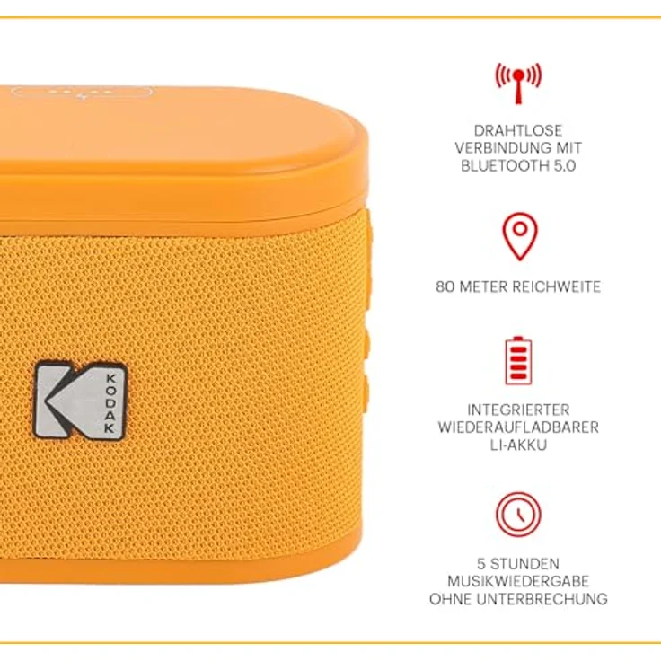 KODAK SOUNDBRIX Tragbarer Bluetooth-Lautsprecher, kabellos, 5 W Sound, 3 Stunden Akkulaufzeit, magnetisches Dock, Anschluss von bis zu 100 Lautsprechern, orange – Bild 2