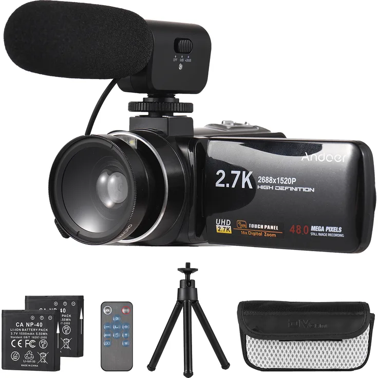 Andoer 2.7K Digital Videokamera Camcorder mit 48MP, 16X Digital-Zoom, 3.0 Zoll IPS Touchscreen, Gesichtserkennung, Anti-Shake, inklusive 2 Batterien, Fernbedienung, Ministativ, Tragetasche, externem Mikrofon und 0.45X Weitwinkelobjektiv.