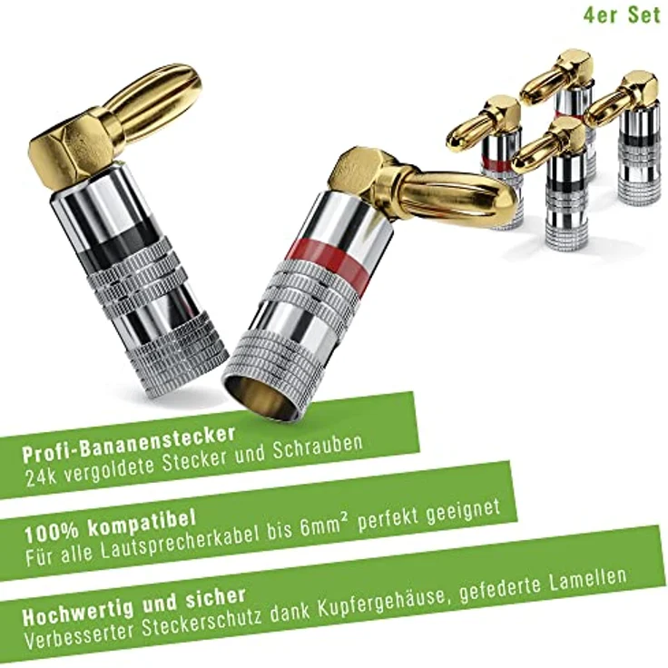 conecto Bananenstecker 4er-Set, 90° gewinkelter Stecker, für alle Lautsprecherkabel mit einem Durchmesser bis max. 6mm², 4 Stück mit Farbcodierung (2x rot, 2x schwarz), 24kt vergoldet – Bild 3