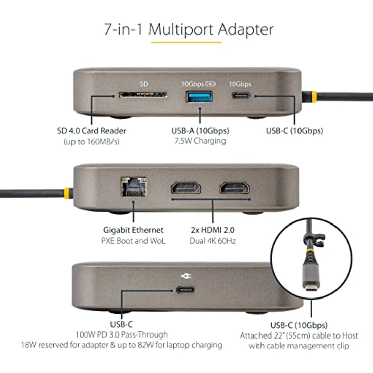 StarTech.com USB C Multiport Adapter,Auf Dual HDMI Dockingstation,4K 60Hz,2X 10Gbit/s 3.1 Hub,100W PD,GbE,SD,30cm Kabel,Reiseadapter,Laptop (102B-USBC-MULTIPORT), Space Gray – Bild 3