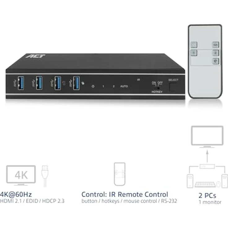 ACT KVM Switch AC7912, 2 PC 1 Monitor, 4K@60Hz, HDMI Switch, 4-Port USB 3.0, HDCP 2.3, mit Fernbedienung, Montagebügel Büro, Schwarz – Bild 4