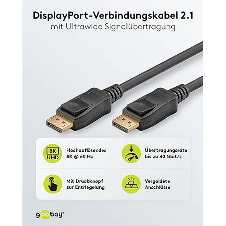 goobay 64865 - DisplayPort Kabel 2.1 / 8K Auflösung bei 60Hz / Verbindungskabel geeignet für Gaming PCs / PS5 / geschirmt / 5M – Bild 2