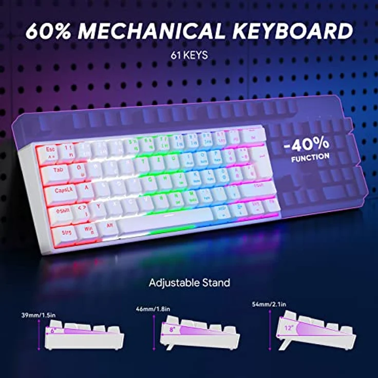 TECURS Gaming Tastatur, Mechanische Tastatur 60% TKL QWERTZ Blaue Schalter, Gamer Tastatur Kabelgebunden 61 Tasten für PC Windows/PS5/PS4, Weiß – Bild 4