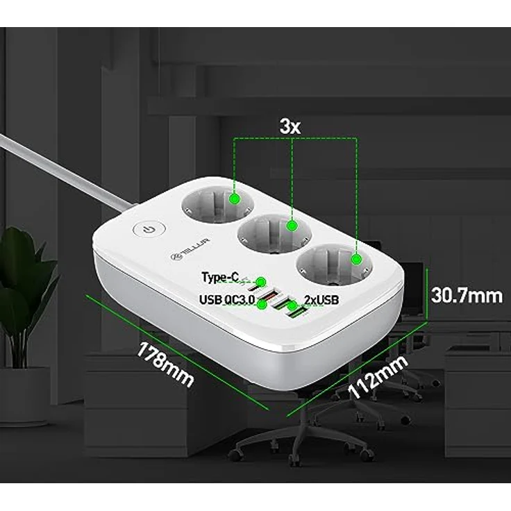 Tellur Steckdosenleiste Smart WiFi Power Strip 3 Outlets PD30W QC18W 2xUSB 2.4A 2500W 10A 2m – Bild 8