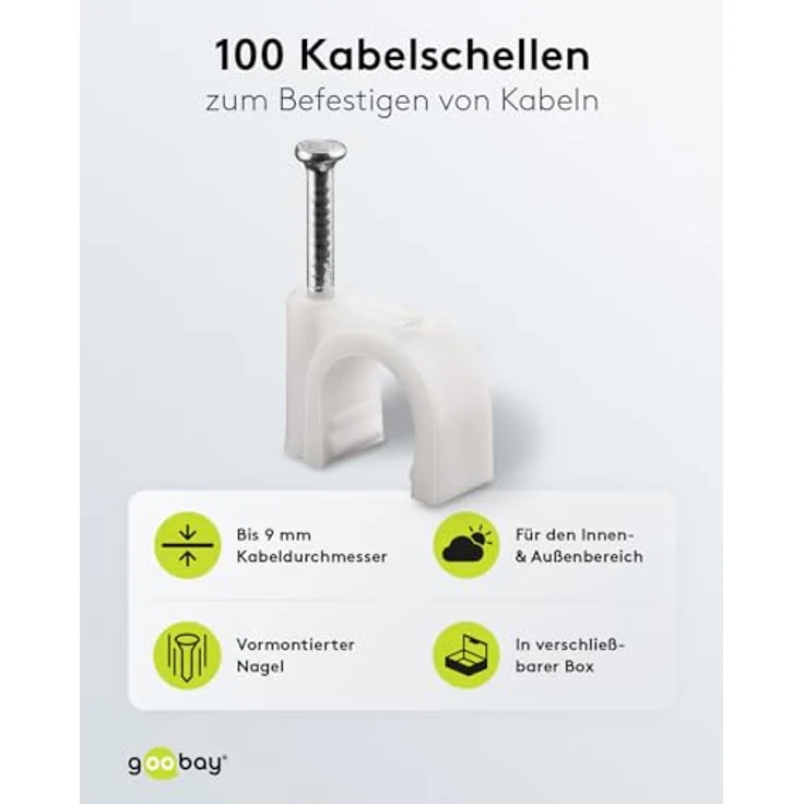 Goobay 17081 Kabelschelle für Kabel mit Kabeldurchmesser bis max. 9,0 mm weiß (100 Stück) – Bild 2