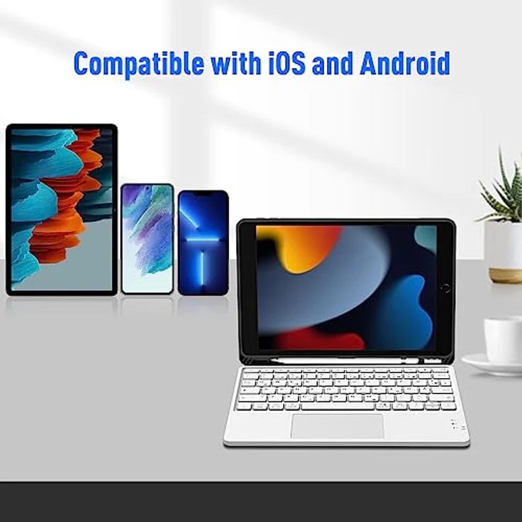 FINTIE Kabellose Bluetooth Tastatur mit Touchpad, Deutsche Layout, kompatibel mit iPad und Android-Tablets, Weiß – Bild 2