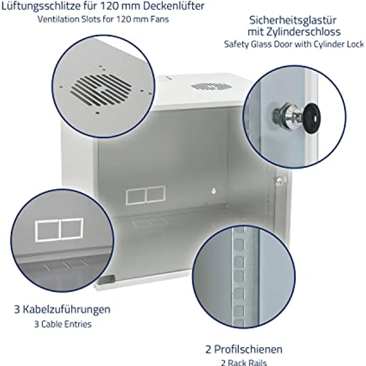 HMF 65709-07 Netzwerkschrank, Serverschrank 19 Zoll | 9 HE | 400 mm Tiefe | Glastür | Lichtgrau – Bild 5