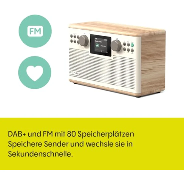 Pure Classic H6 Hi-Fi Stereoanlage, DAB+ UKW Radio mit Bluetooth 5.3, USB-A, AUX, 2x15 W, 80 Speicherplätze, Baumwollweiß/Eiche – Bild 3