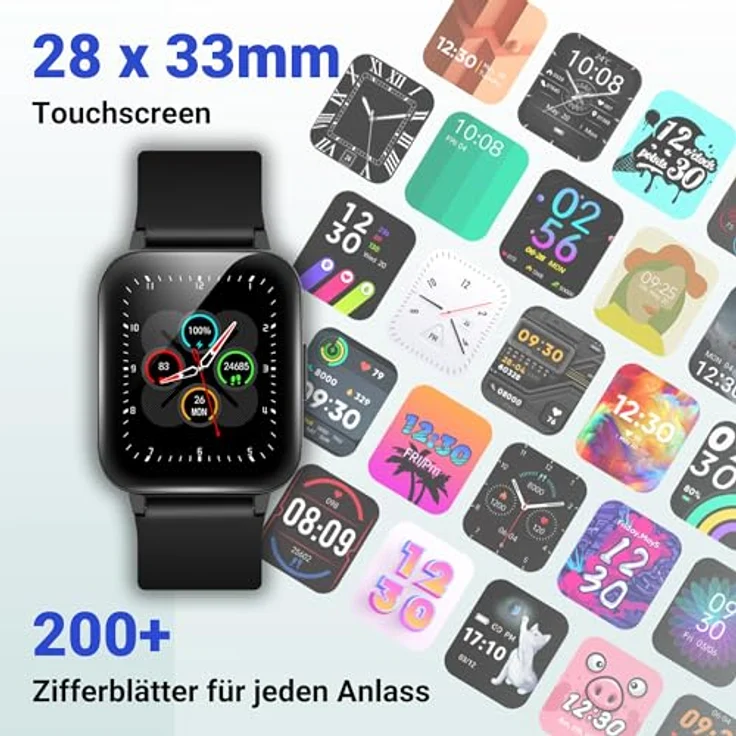XINJI Smart Watch C1 mit Bluetooth 5.0, 1,69" Touchdisplay, Puls-/Blutsauerstoff-Messung, Kalorien-/Schrittzähler, Benachrichtigungsfunktion, App-Steuerung, Fernauslöser, 5ATM Wasserdicht, schwarz – Bild 4
