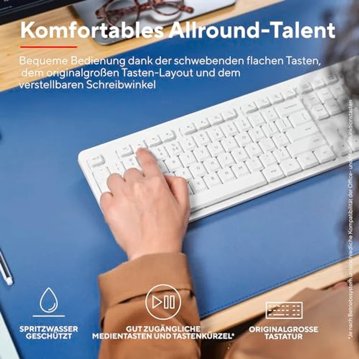 Trust ODY II Leise Tastatur Maus Set Kabellos Deutsches QWERTZ Layout, Flachen Tasten, Beidhändig Funkmaus 800-1600 DPI, Spritzwassergeschützt, für PC Computer Laptop Mac, Weiß – Bild 4