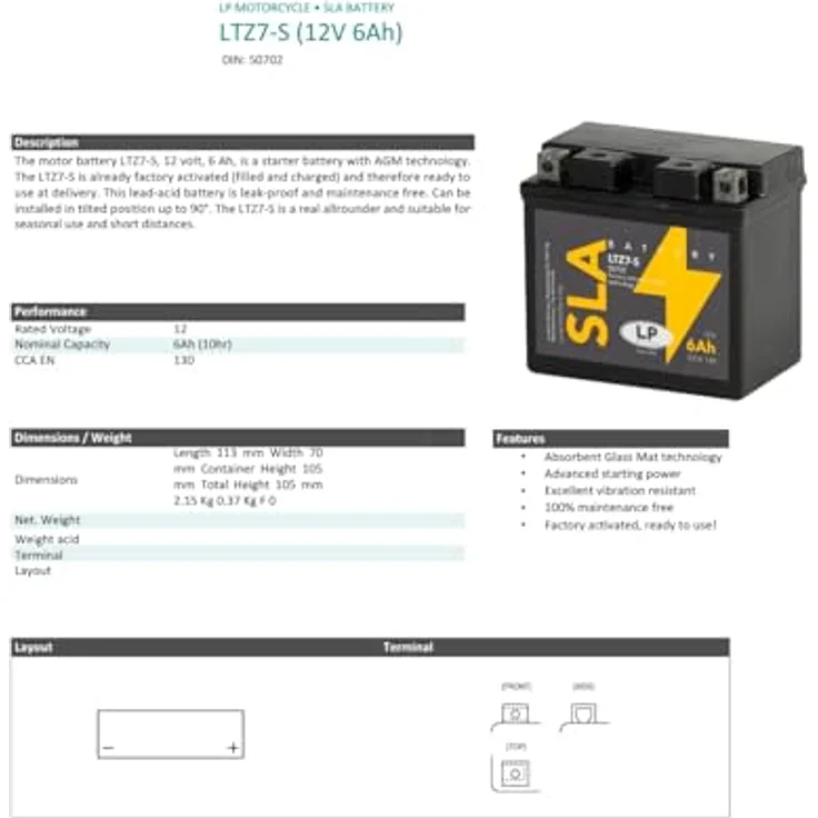 Landport LTZ7-S, AGM SLA 12V 6Ah Motorradbatterie mit 130 Ampere Kaltstartleistung, wartungsfrei und auslaufsicher – Bild 6
